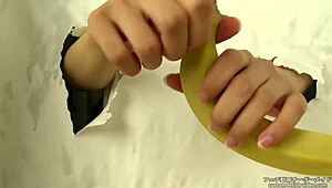 Japanese handjob crushes messy banana in fetish food play