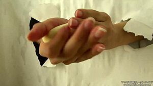 Japanese handjob crushes messy banana in fetish food play