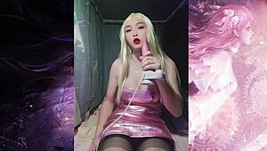 Shemale in Glitter Pink Top Strokes Massive Cock with Selena Sister