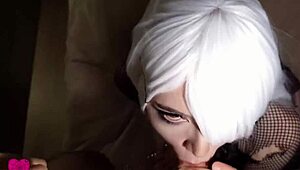 Cum or treat! Scary hottie with gray hair gets fucked and creampied on halloween.