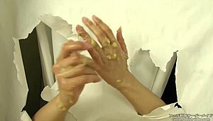 Japanese handjob crushes messy banana in fetish food play