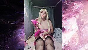 Shemale in Glitter Pink Top Strokes Massive Cock with Selena Sister