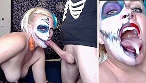 Slut Sucks Stranger's Cock and Gets Halloween Cum Blast in Full Red Video