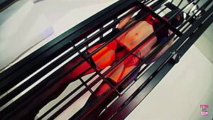 Naughty brunette in bondage worships beautiful pussy.