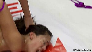 Is the brunette getting punished in public gangbang