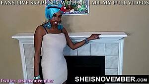 petite ebony cutie sheisnovember asshole closeup winking with arched back and hairy vagina poking out her booty cheeks while standing with huge saggy black titties and areolas out by msnovember