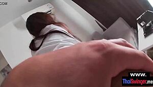 pizza delivery turns nasty in roleplay with my thai wife, her natural tits bouncing as she gives a wild blowjob.
