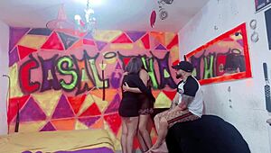 Intriguing threesome: husband and wife share girlfriend in wild fuck