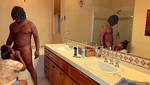 Enjoying myself with my curvy black stepsister at the pool as she gives me a messy blowjob