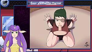 avatar game guard gives a sexy blowjob to the muscular trainer