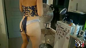 French slut in satin thong performs blowjob, rimming, doggystyle, and cumshot