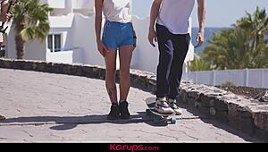 Curly Haired Skater Girl Bounces Her Shaved Pussy on His Cock