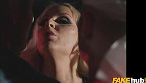 Louise Lee, a busty blonde with tattoos, experiences a threesome with two men in this 80s-themed parody