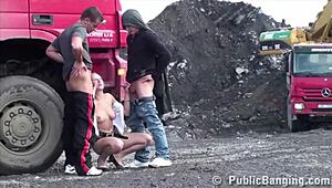 Blonde Petite 18+ Girl Banged in Public Threesome at Construction Site by Two Guys