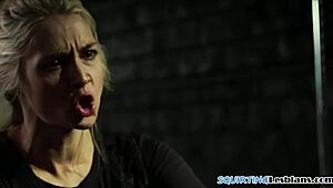 Busty lezzie squirts hard while queening her girlfriend.