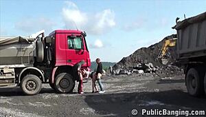 Blonde Petite 18+ Girl Banged in Public Threesome at Construction Site by Two Guys