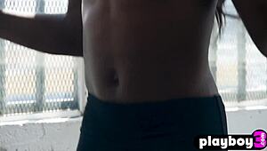 Ana Foxxx, small tits black star, strips naked after intense workout