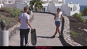 Curly Haired Skater Girl Bounces Her Shaved Pussy on His Cock