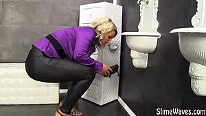 european slut in heels gets messy bukkake in blowbang gloryhole