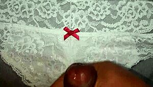 My friend's rich pussy gets a cumshot in her favorite white thong after lingerie masturbation.