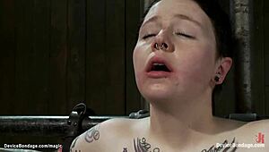 Strapped slaves endure rough machine fucking with deepthroat and bondage.