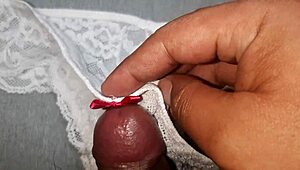 My friend's rich pussy gets a cumshot in her favorite white thong after lingerie masturbation.