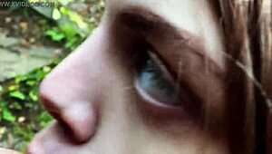 Sweet 18-year-old babe with blue eyes sucks deep outdoors in public