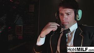 Damn, flight attendant’s fake tits bounce taking cockpit cock hard!