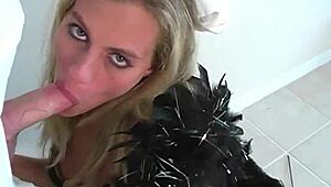 A seductive blonde woman performs oral sex on a man dressed as a mummy, receives a significant amount of semen, and engages in outdoor activities