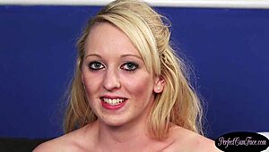 Hot blonde british babe engages in wanking and sucking activities.