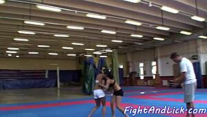European and Asian amateur women engage in a close-up catfight