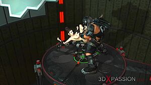 super busty girl cuffed and getting deepthroat from sex machine in sci-fi setup, shaved and hairless