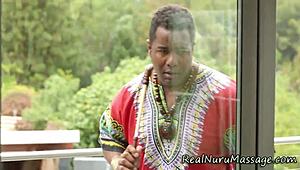 This interracial masseuse gave a wild blowjob during that nuru massage session.