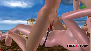 Three adorable animated girls engage in lesbian intimacy in various stances