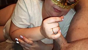 A curvy russian bbw gives a sensual blowjob and eats cum