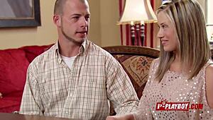 chloe flashes her big titties while chatting with horny swinger couples