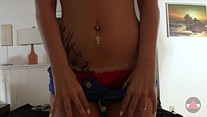In a homemade setting, the girlfriend with a pierced belly button achieves intense orgasms using vibrators and toys.