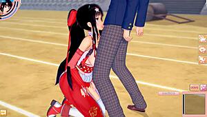 Anime miko swordsman gets big tits massaged and sucked