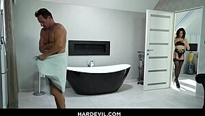 Emily Pink studies anal gaping and ass to mouth intensely in stockings and lingerie, swallowing cum from big cock.