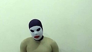 slave in zentai gets femdom cbt on penis