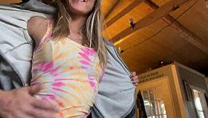 amateur couple fucks in the cabin with big tits and monster cock leading to creampie