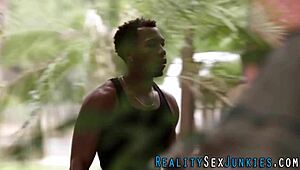 Real cutie fucks black shlong outdoors!