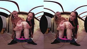 three redheads ride and doggystyle on desk in hardcore pov!