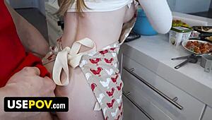 Stepson sneaks into kitchen and bangs beautiful stepmother. It's all caught on digital interview.