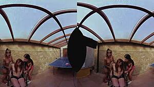 three redheads ride and doggystyle on desk in hardcore pov!