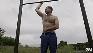 Watch the guy next door strip naked and cum outdoors!