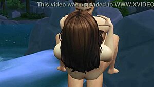 under the waterfall, her brunette pussy got drilled with internal cum