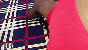 Amateur ebony girl sucks monster BBC in red booty shorts