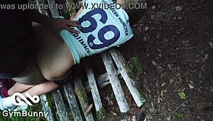 Horny Bavarian teen 18+ with big tits sucks monster cock outdoor in nature, rides it to orgasm with creampie