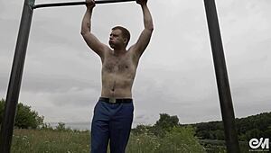 Watch the guy next door strip naked and cum outdoors!